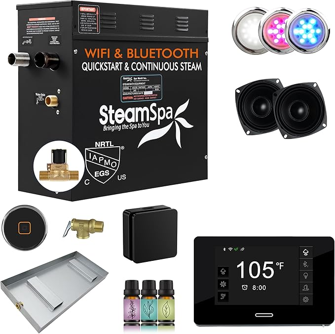 SteamSpa Steam System 7.5kW Steam Shower Generator with Bluetooth Wifi, Quickstart Continous Steam, Advanced Touch Pad Screen, Chroma Lights, Drain Pan and Auto Drain Black RVBS750BK-A