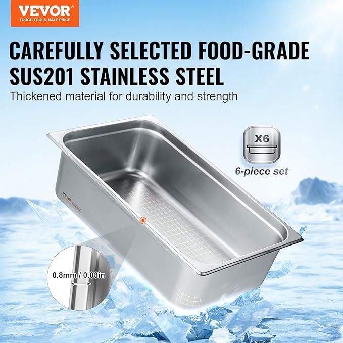 VEVOR 6 Pack Hotel Pans, Full Size 0.8mm Thick 6-Inch Deep Commercial Stainless Steel Restaurant Steam Table Pan, Catering Storage Food Pan, for Industrial & Scientific
