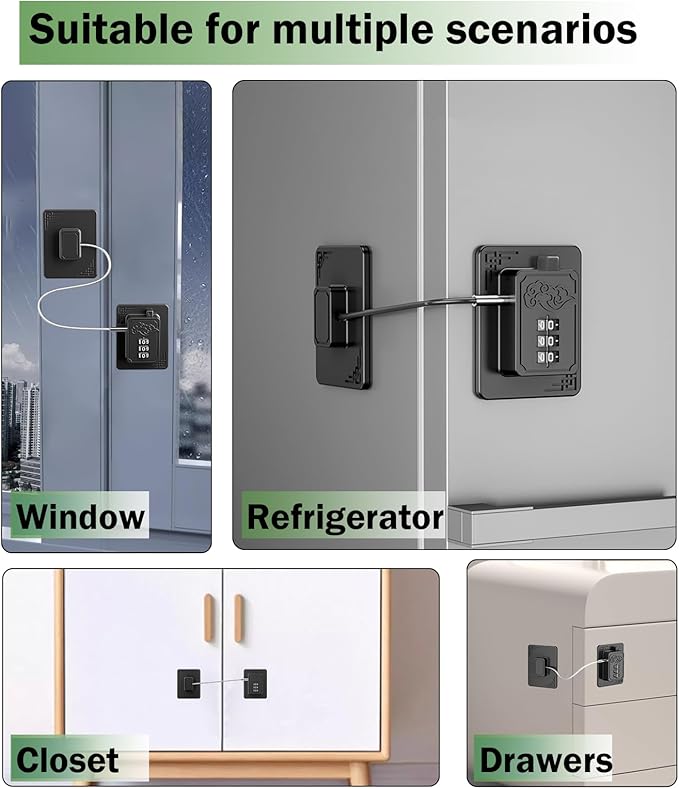 4 Pack Refrigerator Locks with 3 Digit Code, Easy Install Fridge Lock Combination, Premium Freezer Lock, Child Proof Cabinet Locks for Refrigerators, Drawers, Closets, Windows (Black)
