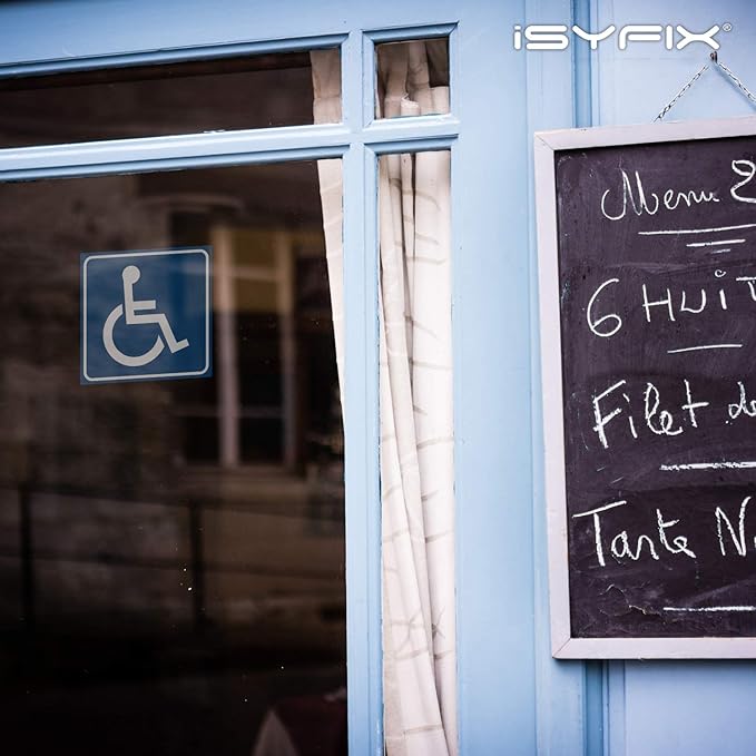 iSYFIX Handicap Signs Stickers Decal Symbol - 4 pack 6x6 inch - ADA Compliant - Premium Front Adhesive Vinyl for Applying inside the Window or Glass Door, Disabled Wheelchair Sign, Disability Sticker.