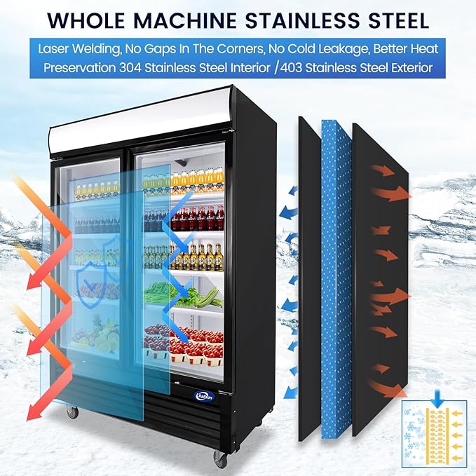 Display Beverage Refrigerator, 49 Cu.Ft Commercial Drink Fridge with Glass Door & 8 Adjustable Shelves, Commercial Refrigerator with LED Light for Restaurant, Supermarket, Gym, Black