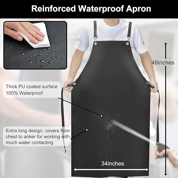 2 Pack Waterproof Rubber Apron, 48" XL Anti-Tear Heavy Duty Vinyl Adjustable Thicker Cross Back for Restaurant Dishwashing, Butcher, Lab Work, Dog Grooming - Black
