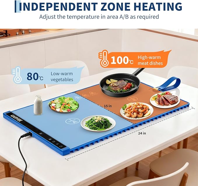 Garvee Electric Food Warming Mat for Countertop, 24x15 in, Dual Zone Control, Portable Silicone Food Warmer Pad Tray with Timer & 6 Temp Levels for Buffet Party, Easy to Clean, Blue