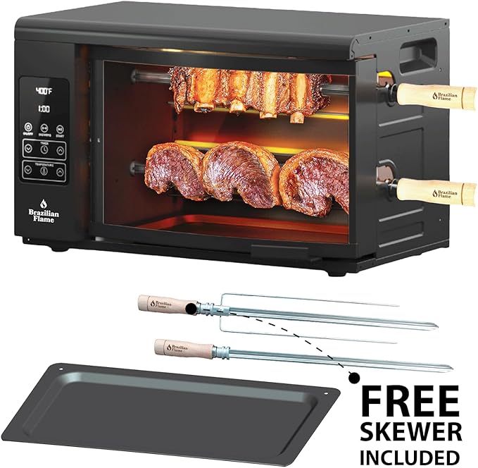 Electric Rotisserie Oven Brazilian Flame VOLTA | Vertical Countertop Grill with Auto-Rotating Skewers Shawarma Grill Machine Meat Kebab | Indoor Adjustable Temperature | 8lb Capacity | World Cup Grill