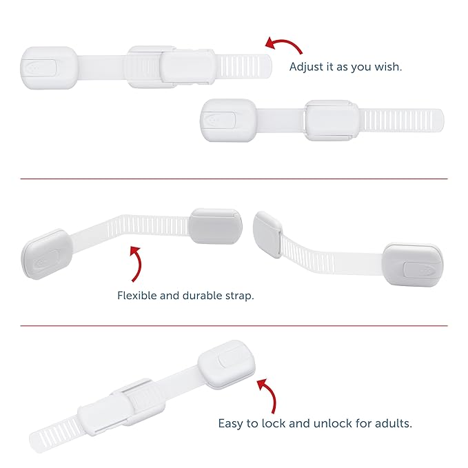 Child Safety Cabinet Locks (2 Pack) – Adjustable Baby Proofing Strap Latches with Strong 3M Adhesive – No Drill Childproof Locks for Drawers, Cabinets, Fridge, Door, Closet, White