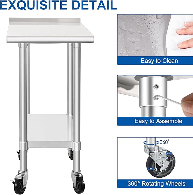 HARDURA Stainless Steel Commercial Work Table with Wheels Prep & Work Metal Table 30×18 Inches Heavy Duty NSF with Casters and 2" Backsplash