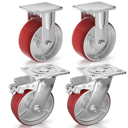 Casters Set of 4 Heavy Duty 6 inch with Brakes 2 and Fixed - ASRINIEY Locking Casters with Quiet Polyurethane on Steel Wheels, Swivel Plate Industrial Caster for Tool Box Trolley Workbench, 5000 lbs