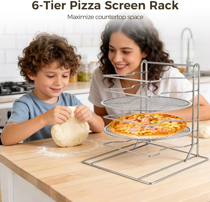 OMISTAR 6 Tier Pizza Rack With 6 Perforated 12 Inch Perforated Pizza Pans with Holes, 13.3' H x 12'' L x 12'' W Pizza Pan Rack Holder for Buffet Table, Easy Storage Multiple Pizzas (6 Tier)