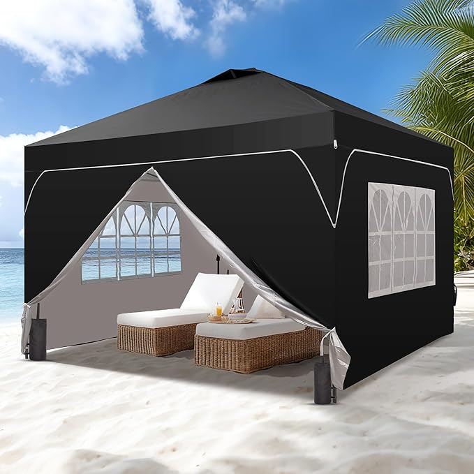 Saemoza 12x12 Pop Up Canopy Tent with One Push Setup, Outdoor Sun Shade Canopy with Vent Top for Backyard Party, Easy Up Instant Shelter with 4-Sandbags & Wheel Bag, Black.
