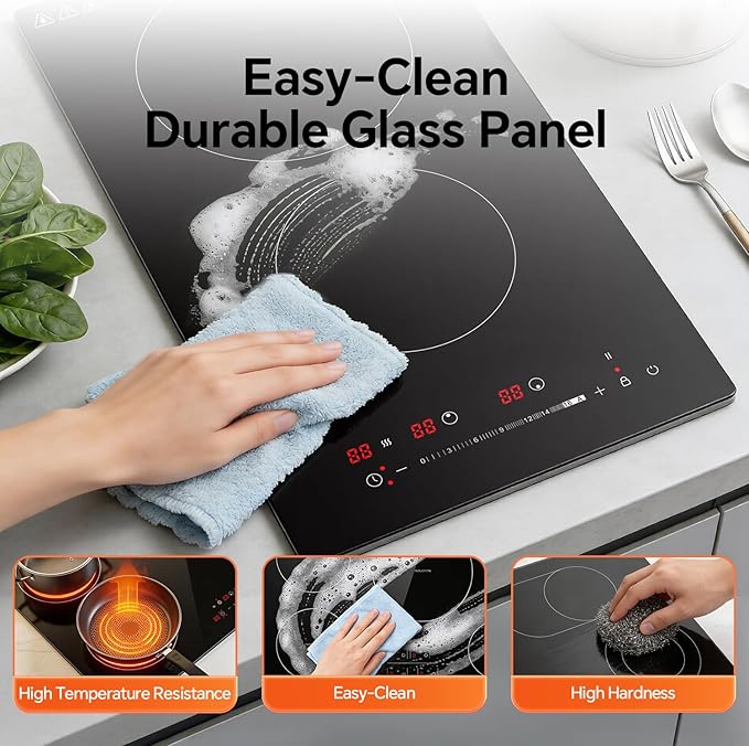 Ranein Electric Cooktop with 2 Burners, 12 inch 3000W 240V Ceramic Panel Electric Cooktop, Multiple Safety Protections Stove, Touch Screen