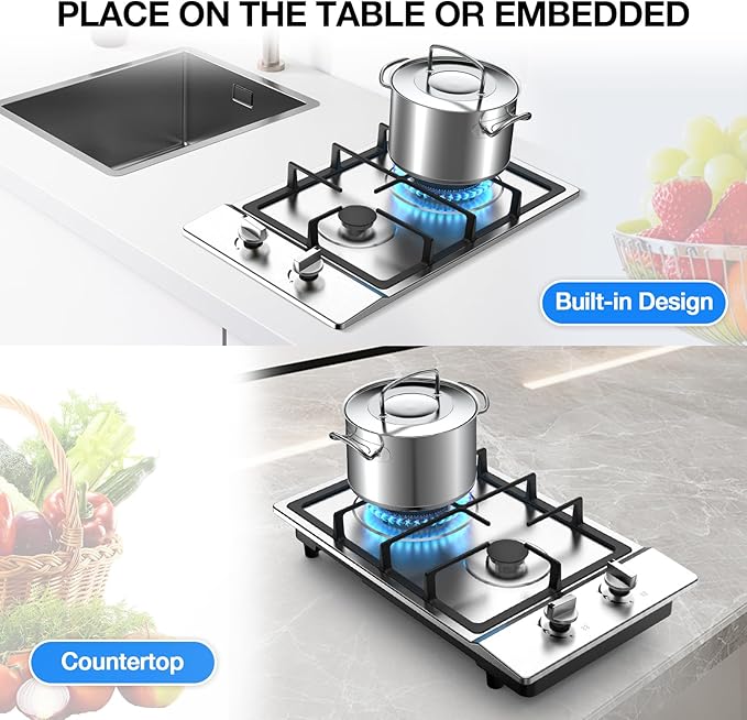 Gas Cooktop 2 Burner Propane Cooktop, Stainless Steel Propane Stove 12 inch, Bulit-in Gas Stove Top with Thermocouple Protection, Lpg/Ng Dual Fuel Drop-in Stove for Apartments, Outdoor, Rvs