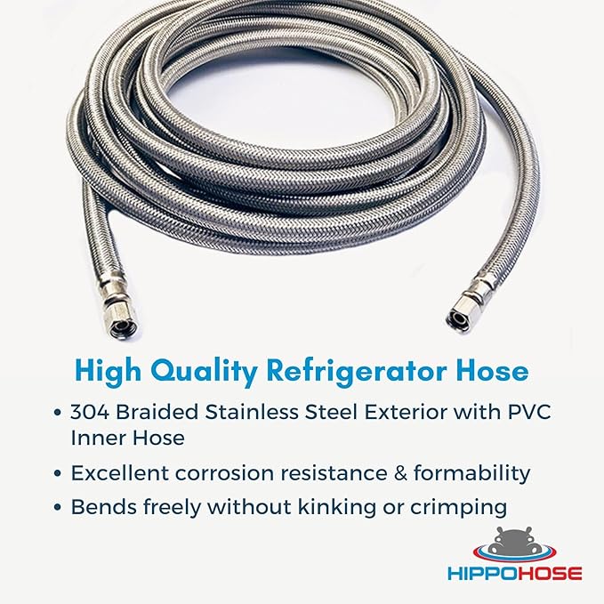 Refrigerator Icemaker Hose (20 FT) - Universal Fit to ALL Refrigerator Brands - Icemaker Water Supply Line - ¼” x ¼” Connections - SS Refrigerator Supply Hose for Ice & Water
