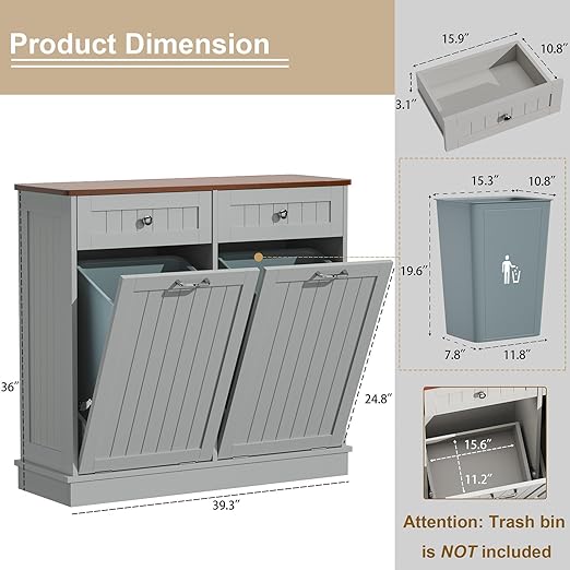 Tilt Out Trash Can Cabinet with Double Hidden Can Holder, Kitchen Free Standing Recycling Cabinet, Dog Proof, Wood, Gray