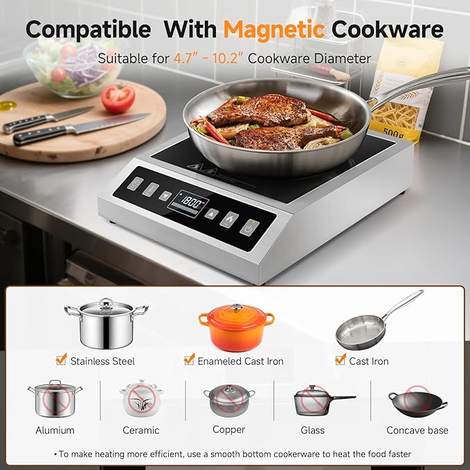 AMZCHEF Induction-Cooktop-Commercial: 1800W Induction Burner with Large 8" Heating Coil, Portable Hot Plate with 8 Temperature & Power Levels, LCD Screen & 10 Hour Timer