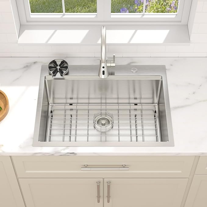 Dcolora 28 Inch Workstation Kitchen Sink with Cup Washer, Drop In Luxury Large Single Bowl, 304 Stainless Steel Heavy Duty 16 Gauge, 5 In 1 Valued Accessories #DC-TW258007S