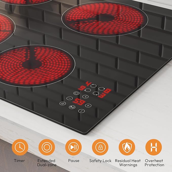 Empava 24 Inch Electric Stove Cooktop 4 Burners, Dual-Ring Zone, Timer, Child Lock, Stop & Go, Built-in Design, 208~240V Hard Wired (No Plug)