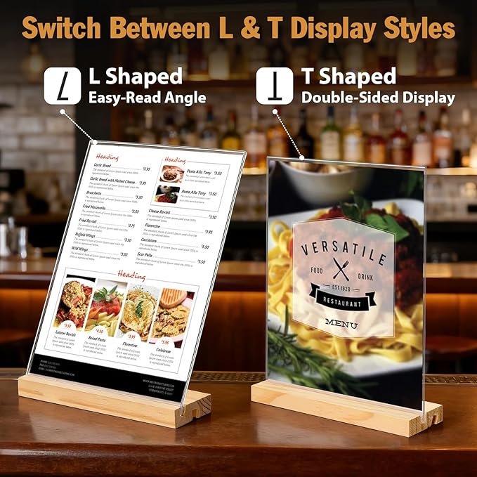 6pack 8.5x11 Acrylic Sign Holder with Wood Base for Picture Frames,L/T Shape Double Slot Design for Vertical or Slant Back Display, for Restaurant, Office, School, Store and Home Use