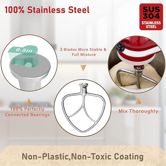 Premium Stainless Steel 5qt Flat Beater for Kitchenaid 4.5-5QT Tilt-Head Mixer, Polished Smooth Uncoated,Thoroughly Mixing with 0% Residue&Stable Operation, Dishwasher Safe, Durability,Recipes&Spatula