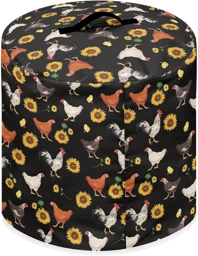 Insulated Pressure Cooker Appliance Cover, Also Fit for Rice Cooker, Air Fryer and Crock Pot, 8 Qt Dust Cover with Pocket for Spoon/Cooking Utensils/Recipes, Chicken Sunflower Black