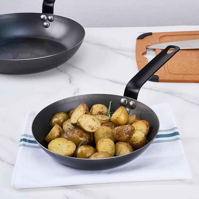 Restaurantware-Met Lux 9 Inch Fry Pan, 1 Lightweight Frying Pan - Induction-Ready, Triple-Riveted, Black Carbon Steel Cooking Skillet, Durable, For Searing, Sauteing, And Browning Food