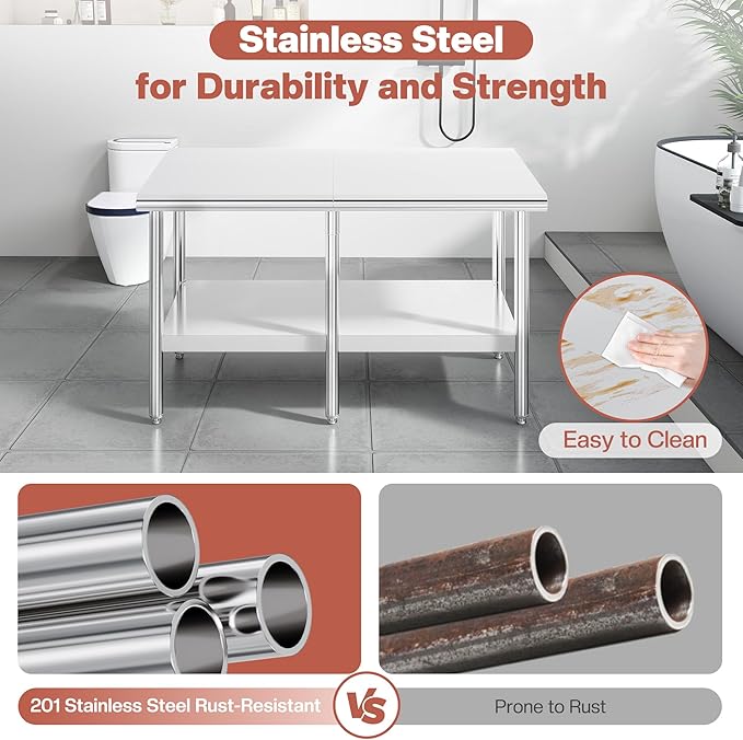 Jocisland 30" x 60" Stainless Steel Table for Prep & Work Adjustable Under Shelf and Feet, for Commercial Kitchen, Restaurant, Hotel, Garage