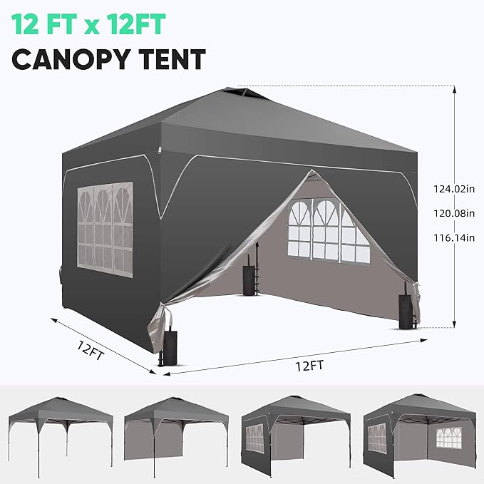 Saemoza 12x12 Pop Up Canopy Tent with One Push Setup, Outdoor Sun Shade Canopy with Vent Top for Backyard Party, Easy Up Instant Shelter with 4-Sandbags & Wheel Bag, Grey.