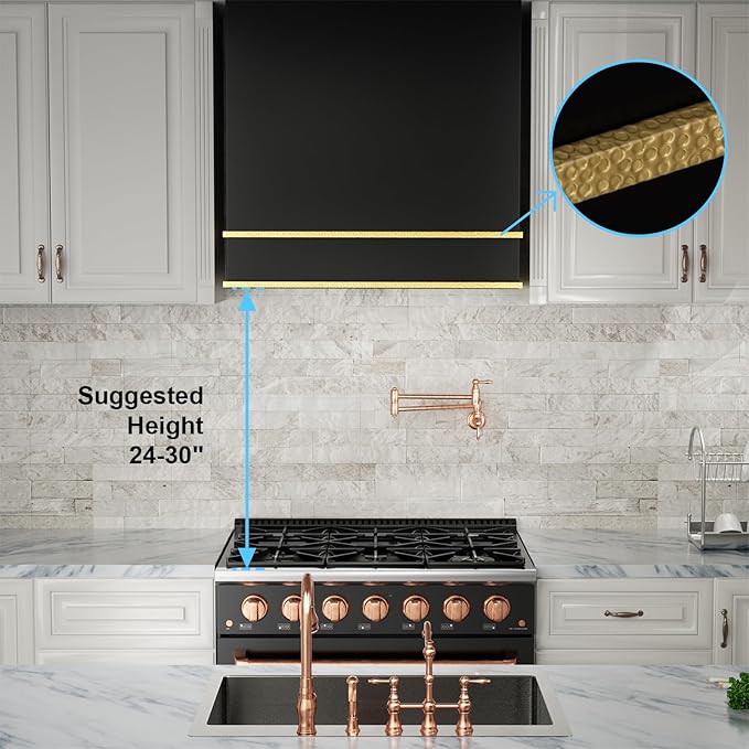 Akicon Range Hood 30 Inch, Stainless Steel Ducted Kitchen Hood with Powerful Motor, Wall Mount Modern Box, 30W X 30H X 14D Inch, AK-HS30HA-JBG (30 Inch, Jet Black with Gold)