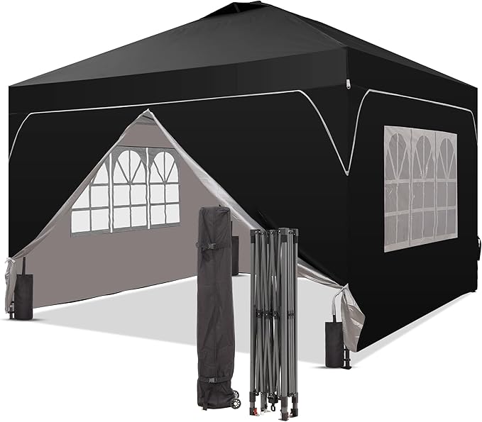 Saemoza 12x12 Pop Up Canopy Tent with One Push Setup, Outdoor Sun Shade Canopy with Vent Top for Backyard Party, Easy Up Instant Shelter with 4-Sandbags & Wheel Bag, Black.