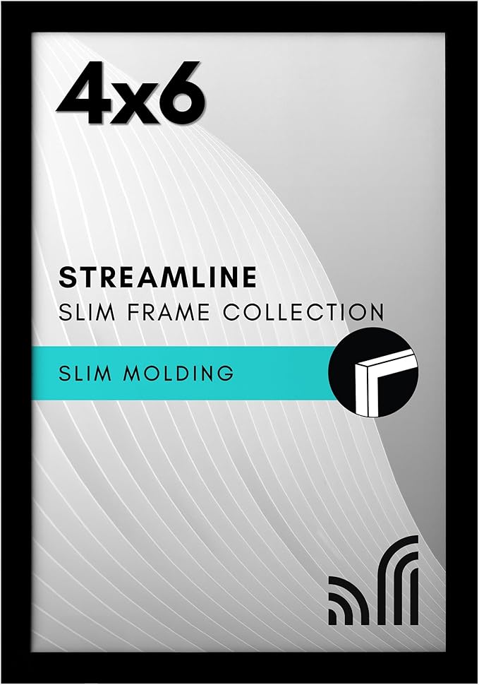 Americanflat 4x6 Picture Frame with Shatter-Resistant Glass - Streamline Collection - Thin Border Photo Frame for Tabletop and Wall Display - Hanging Hardware and Easel Stand Included - Black