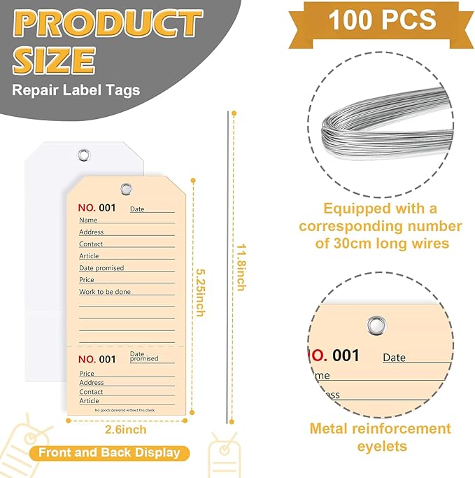 100 Pack White Repair Tags with Wire Rope Service Repair Tags Numbered with Wire Durable 2.6 x 5.25 Inch Labels for Production Equipment Maintenance Price Notice (100, White, 2.6x5.25in)