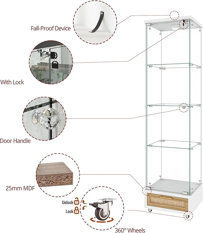 Yoluckea 4 Tiers Glass Display Cabinet with LED Lighting and Drawer, 1 Door Floor Standing Curio Cabinet with Wheel for Home, Office, Corner Display, White Glass Bookshelf for Collections and Decor