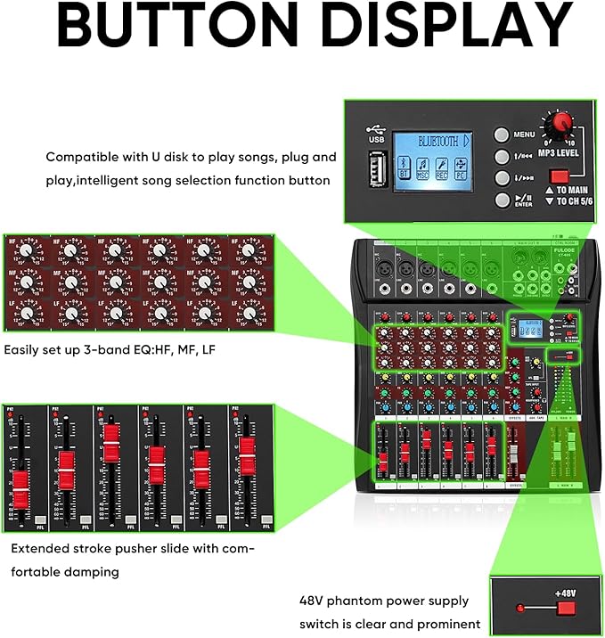 6 Channel Mixer Audio Console, CT-60S Professional Music Mixer DJ Mixing Board with Reverb Bluetooth MP3 Player 48V Phantom Power Supply USB Recording for Studio Karaoke Live Performance