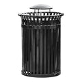 45 Gallon Black Trash Can with Rain Bonnet Lid, Outdoor Heavy-Duty Commercial Waste Bin Steel Slatted, Round Recycle Container, Durable Garbage Can for Parks, Municipalities, Schools, Parking