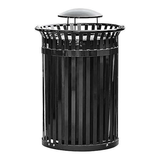 45 Gallon Black Trash Can with Rain Bonnet Lid, Outdoor Heavy-Duty Commercial Waste Bin Steel Slatted, Round Recycle Container, Durable Garbage Can for Parks, Municipalities, Schools, Parking