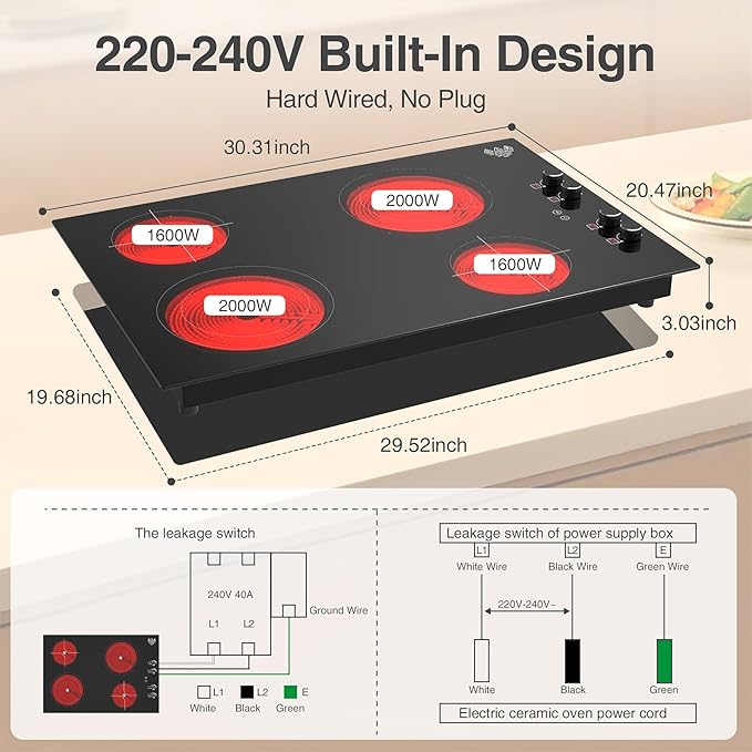 4 Burner Electric Cooktop,7200W Built-in & Countertop 4 Burner Electric Stove Top with 9 Power Levels, Child Safety Lock & 99mins Timer, 30 inch Electric Cooktop 220-240V (No Plug)