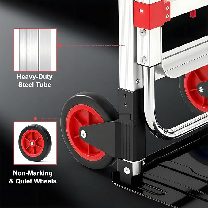 3 in 1 Folding Hand Truck Dolly Cart, Heavy-Duty Foldable and Convertible Design, Lightweight Portable Utility Cart with Rubber Wheels and Telescoping Handle for Moving, 500 lbs Capacity (Red)