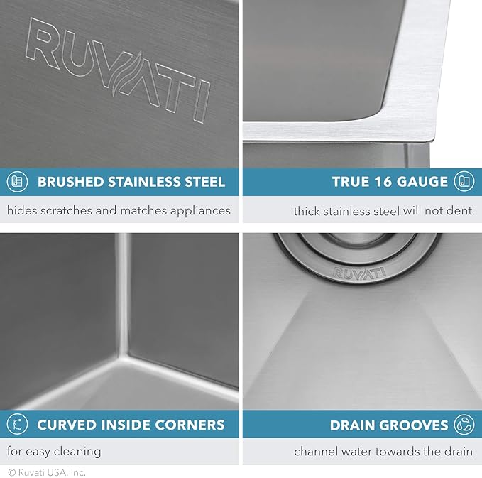 Ruvati 27-inch Rounded Corner Undermount Kitchen Sinks Single Bowl – Durable 16 Gauge Stainless Steel Kitchen Sink with Brushed Finish hides scratches, Easy-to-Clean Undermount Sink - RVH7127