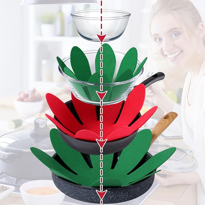 Queekay 12 Pcs Felt Pot and Pan Protectors 12/14/16 Inch Larger Thicker Pan Protector Pads, Colorful Pot Separators for Stacking Cookware Organizing Protecting (Red Green·)