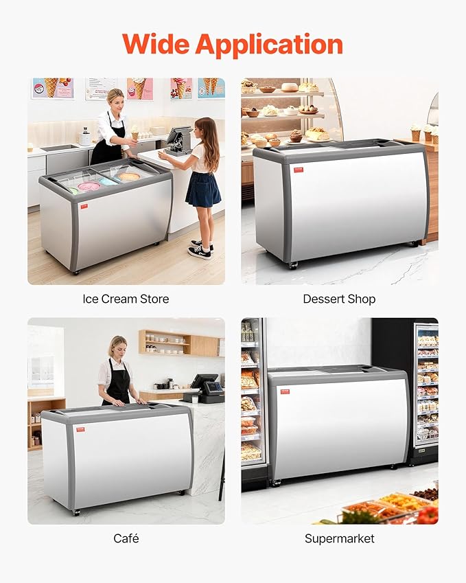 VEVOR Commercial Ice Cream Display Case, 13.1 Cu.ft Chest Freezer, Restaurant Gelato Dipping Cabinet Top Deep Freezer with Locking Casters, Sliding Glass Door, LED Lighting, Hold 8 Ice Cream Tubs