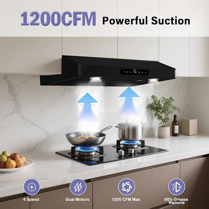 30 Inch Under Cabinet Range Hood,1200CFM Vent Hood with Powerful Suction,4-Speed Exhaust Fan,Stainless Steel Ducted Kitchen Hood Extractor with Led Lights,Smart Touch Panel,Black,15S-E30BK