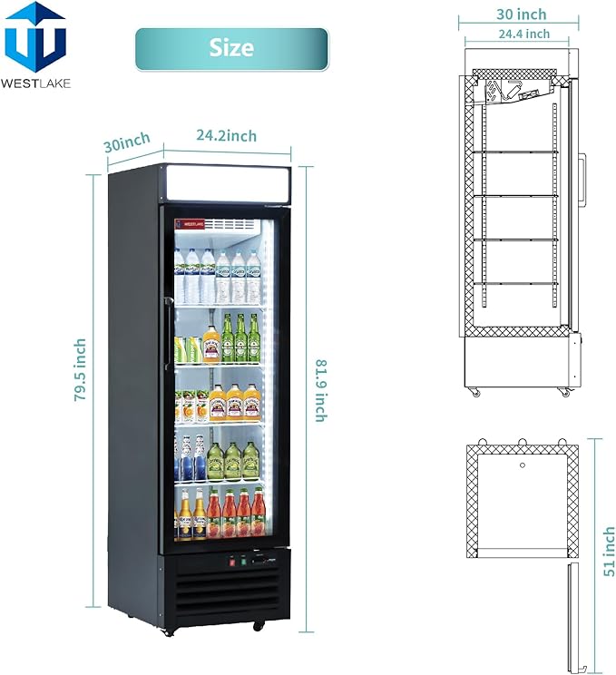 WESTLAKE 24" W Merchandiser Commercial Display Refrigerator Single Glass Door Reach-in Glass Door Upright Fan Cooling 18 Cu.ft Cooler for Restaurant, Bar, Shop, etc