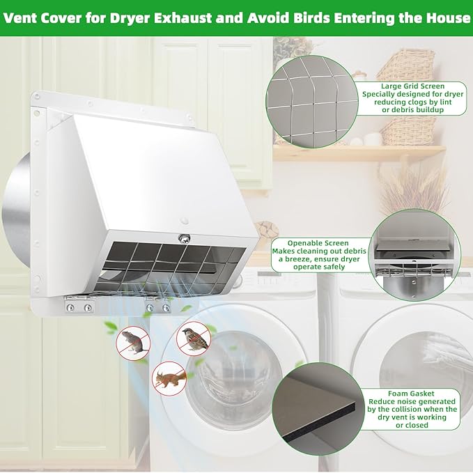 4 Inch Dryer Vent Cover Outside with Mesh, Wall Vent Exhaust Vent Cover Wall Mount Extractor Vent with Flap, Exterior Vent Cover Cap Outdoor Dryer Vent Cover for Dryer Ducting House AC,White