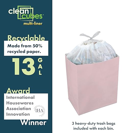 13 Gallon Disposable Pop-Up Trash Cans (3-Pack, Multi-Liner) with Fitted Bags – Foldable Garbage & Recycling Bins for Parties, Events & Kitchen (Pink, 17" H x 13.5" W x 10" D)