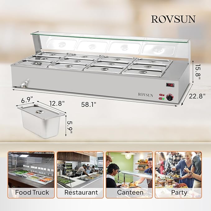 ROVSUN 96QT 1500W Electric Commercial Food Warmer, 12-Pan Steam Table 8QT/Pan Stainless Steel Bain Marie Countertop w/Glass Shield Temperature Control & Lid for Buffet Restaurant 110V