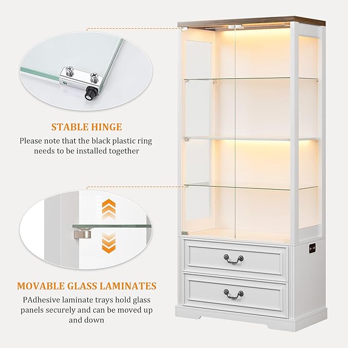 67" Tall Display Cabinet with Glass Doors and 2 Drawers, Adjustable Glass Height Bookcase, Curio Cabinet with 3 LED Lights and Human Body Sensor (White)