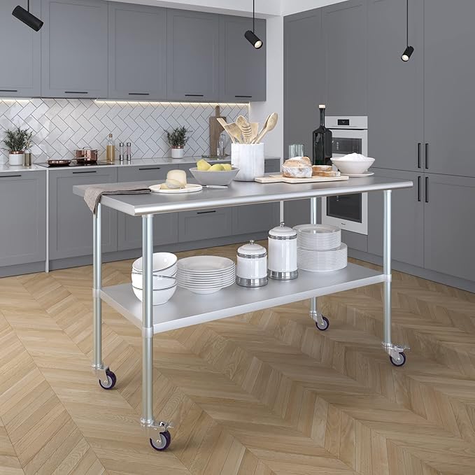 AmGood 60" Long x 30" Deep Stainless Steel Table with Casters