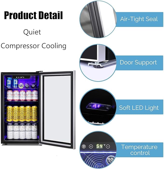 Antarctic Star Beverage Refrigerator -125 Can Mini Fridge for Soda Beer or Wine, Stainless steel door frame, for Office or Bar with Adjustable Removable Shelves, Black, 3.3 Cu.Ft