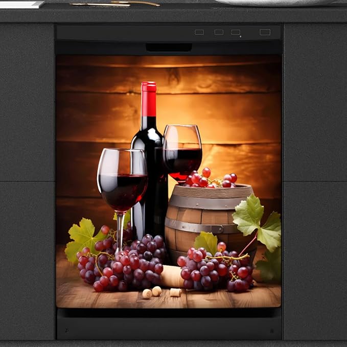Dishwasher Magnet Cover Red Wine Glass Grapes Wooden Reusable Dishwasher Magnetic Cover Sticker Decorative Dish Washer Door Cover Panel for Home Kitcen Appliance