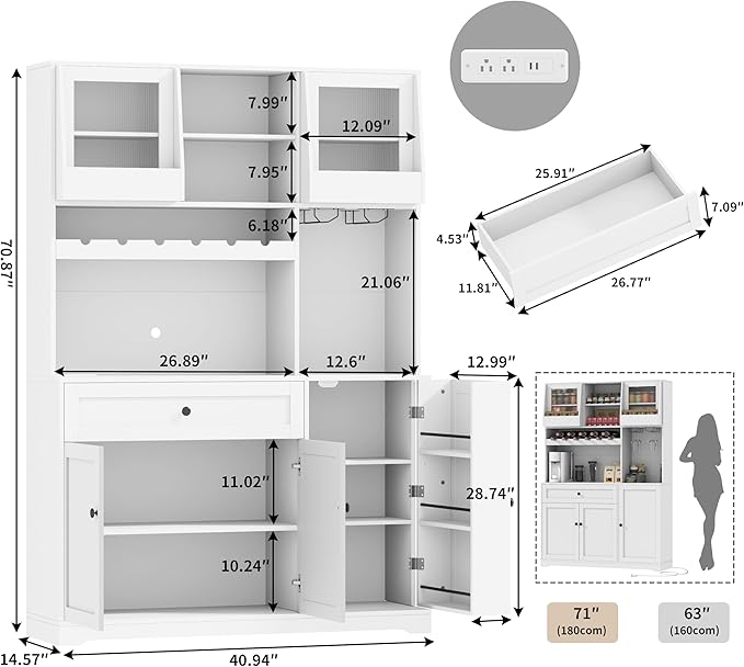 71" Pantry Cabinet with LED Light & Outlet, Kitchen Hutch Storage Cabinet with 6 Adjustable Shelves and 3 Hanging Rack Shelves,Food Pantry for Kitchen, Dining Room or Living Room, White