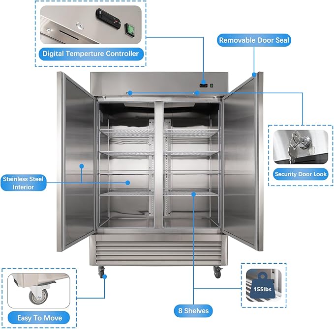 JINSONG 54" Commercial Refrigerator, 49 Cu.Ft Stainless Steel Reach-in Fridge with 2 Solid Doors, Upright Commercial Fridge for Restaurant, Bar, Shop, or Home Use